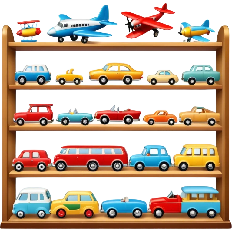 Icon for Toy Collecting: a collection of various vintage toys such as dolls, tumblers, cars, planes, ships, action figures and plush animals, displayed neatly on shelves or in display cases. The icon should evoke the joy and nostalgia of collecting toys. Transparent background. emoji