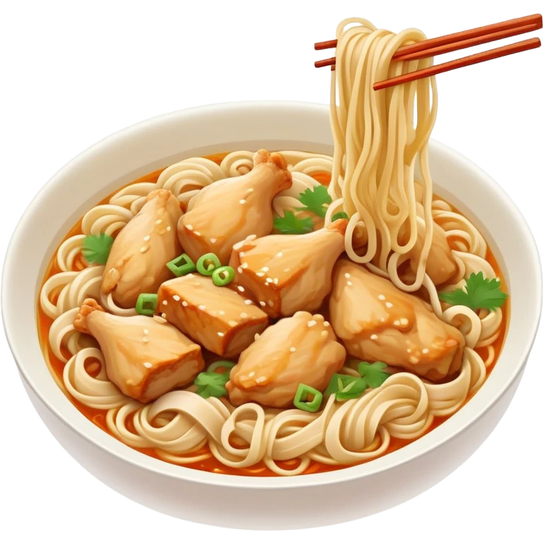 Xinjiang Big Plate Chicken Noodles with wide hand-pulled noodles and chicken chunks, simplified emoji style with bold outlines and bright colors, cartoon style Da Pan Ji with noodles emoji