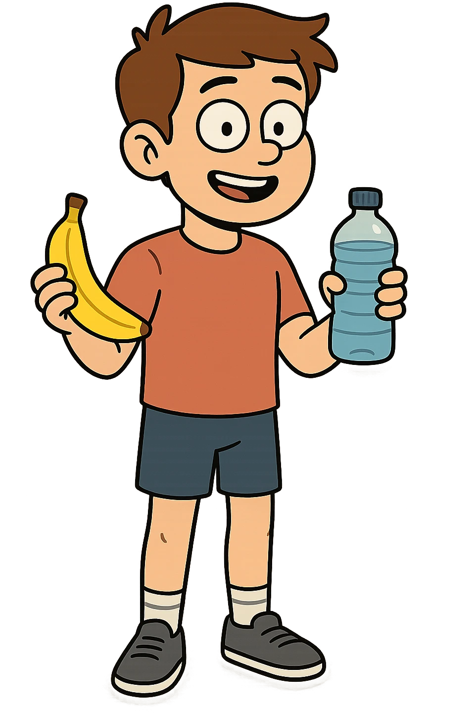 The full body of a young boy who is fit and healthy holding a banana and a drinking bottle of water emoji