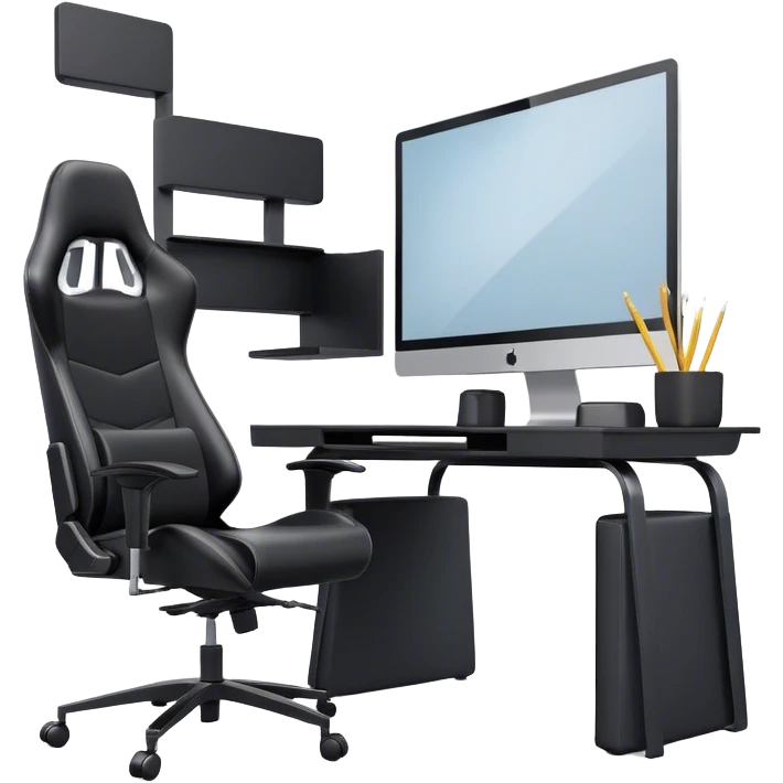 Create a 3D room in it A black and white home office workstation with a wide monitor and a laptop. Black gaming chair and without wall shelves emoji