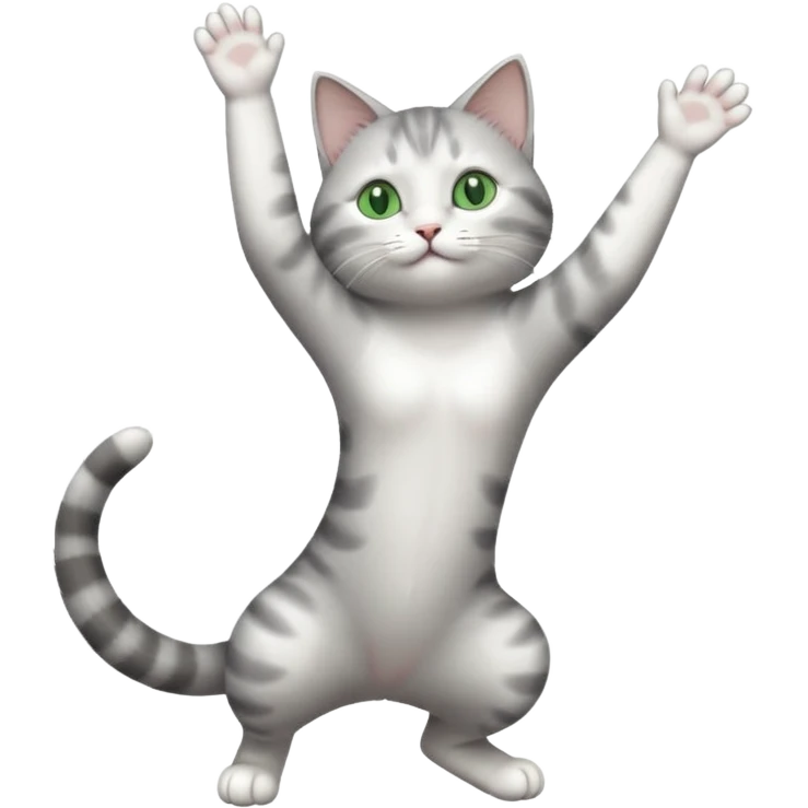 grey and white cat with green eyes doing a big extremely long stretch reaching up into the air with arms and legs side by side together emoji