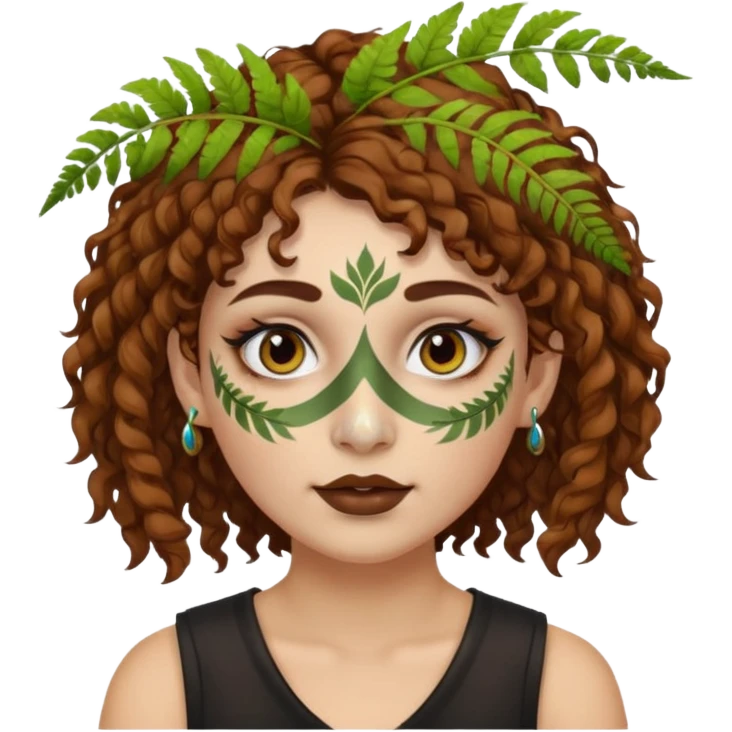 portrait woman short curly brown mullet hair brown eyes white skin with fern face paint and nose ring emoji