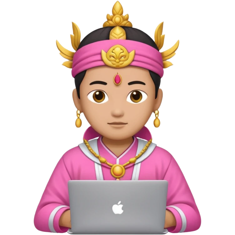 chinese god with laptop, pink emoji