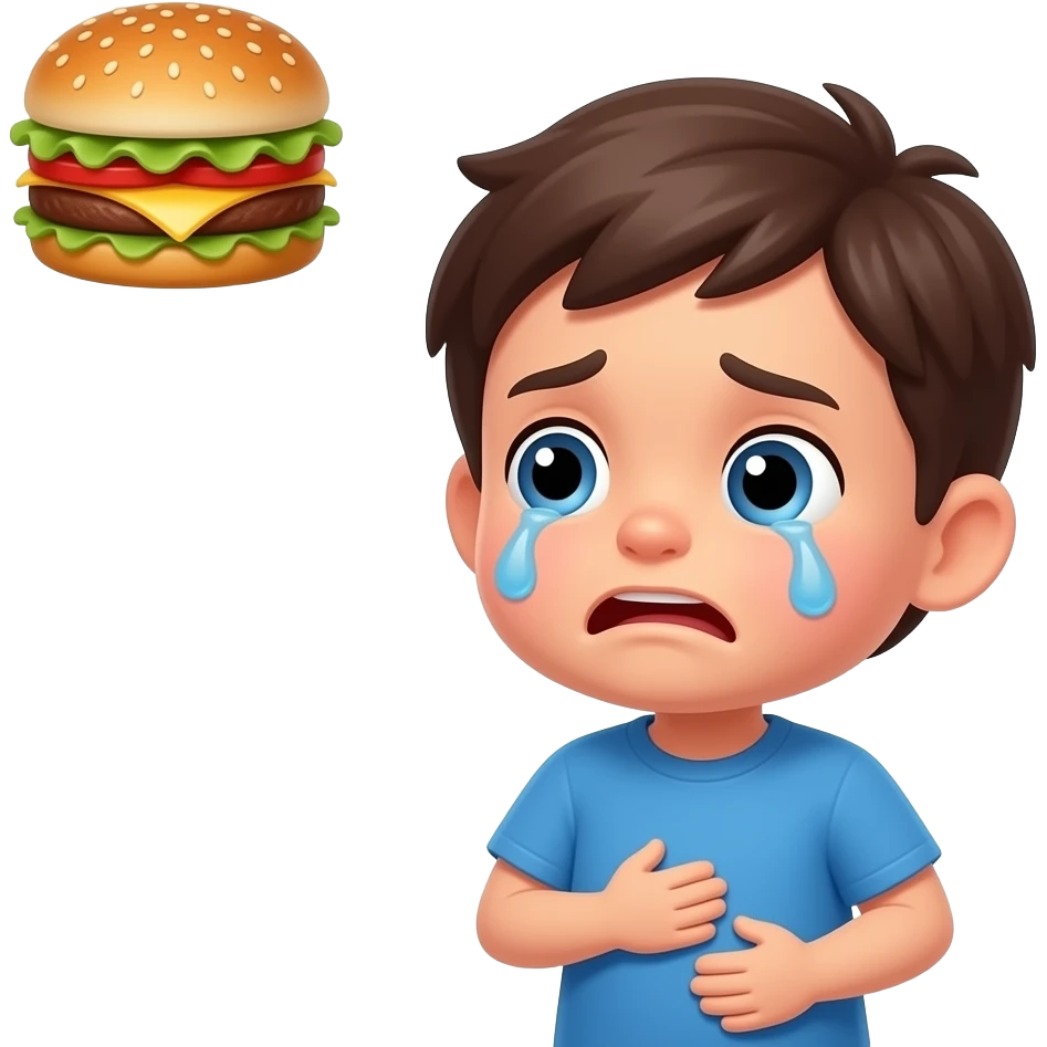 kid sad but not crying holding tummy hungry with bubble at the top with burger emoji