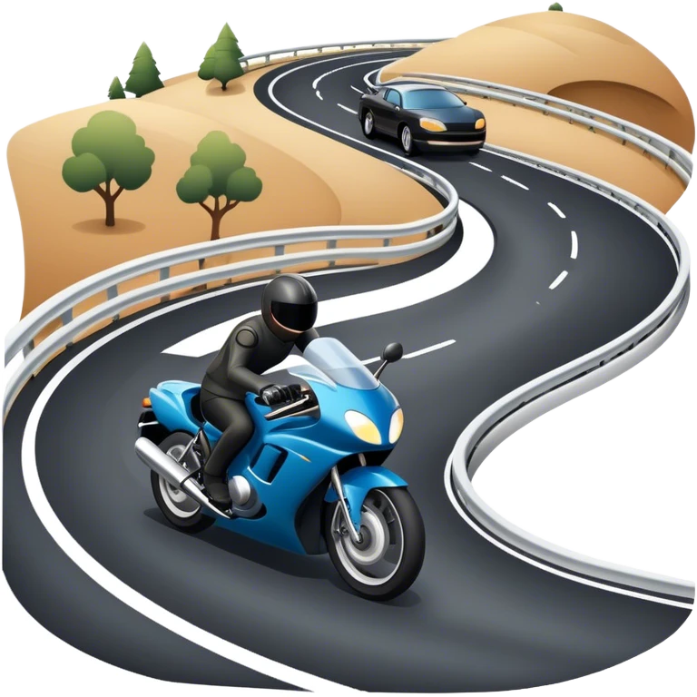An icon showing a motorcycle and a car speeding through a winding road, with the car’s sleek silhouette blending into the curve of the road while the motorcycle zips past. The scene should capture the thrill of the ride, the freedom of the open road. transparent background. emoji