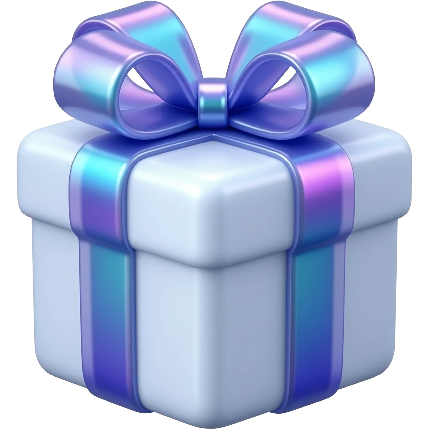 Hyperrealism wrapped gift, with a big realistic, detailed, blue to purple iridescent slightly translucent fluffy 3D ribbon, no emoji icons, no emoji faces, isolated  emoji