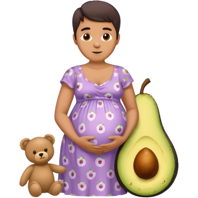A pregnant man wearing a lilac dress with a teddy bear and avocado pattern on it. emoji