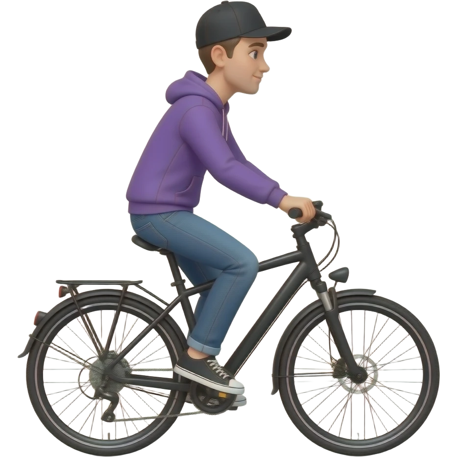 tall skinny guy with black basecap and purple hoodie and jeans rides a black e-bike in white background. emoji
