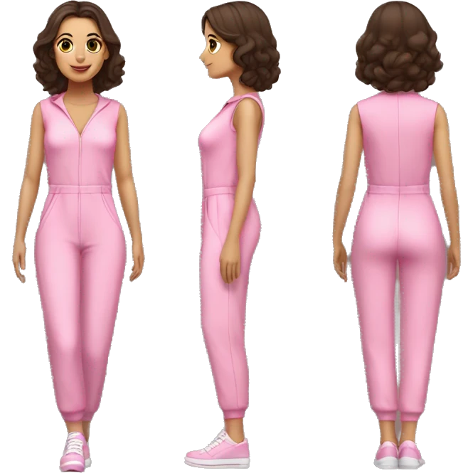 Woman dark brown hair  hazel eyes  pink  full body jumpsuit flying emoji