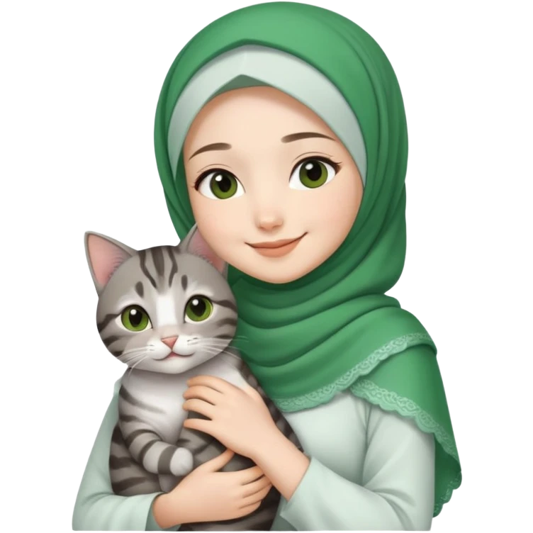 Asian White girl wearing green hijab and white dress holding a black grey tabby cat while smiling.  emoji