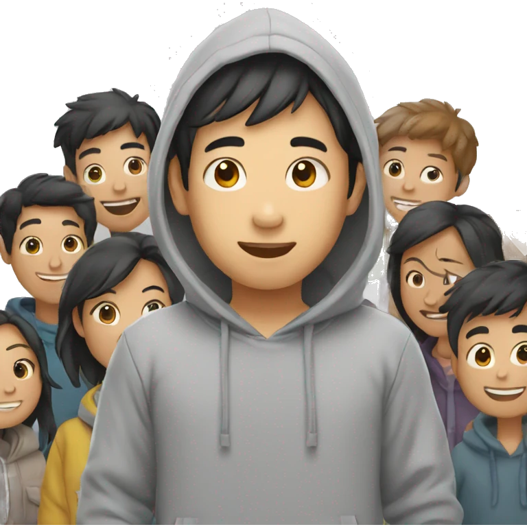 asian boy in grey hoodie and multiple friends waving emoji