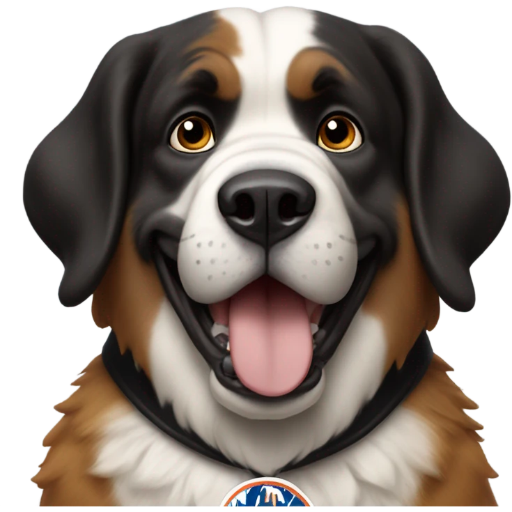 St. Bernard with a huge smile with a Black Mets uniform  emoji