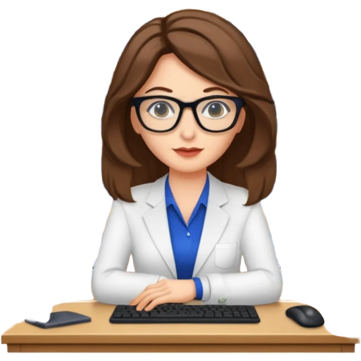 donna bella, occhi azzurri con occhiali, capelli medi, lisci e biondi, lavora al pc. sullo sfondo una libreria emoji