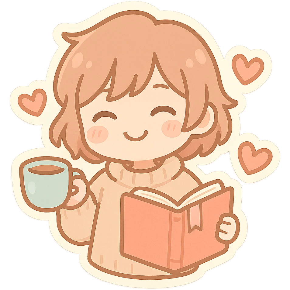 cozy book, pastel colors, smiling face, bookmark, chibi style, holding a cup of tea, surrounded by floating hearts emoji