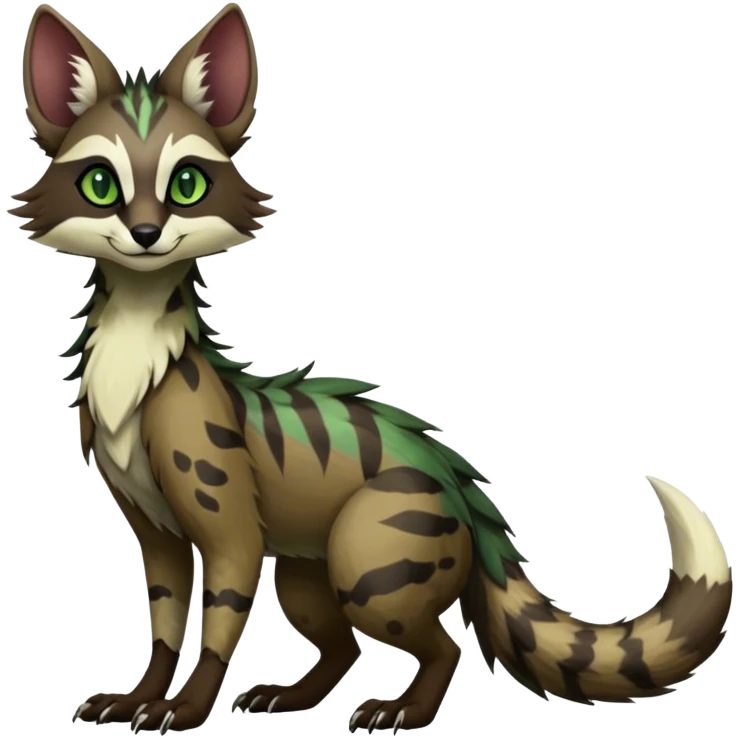 Feral Rare Fantasy dark tropical Vernid-Sergal-Genet-Trico-species by LiLaiRa, random markings, tufted tail, tufted ears, full body emoji