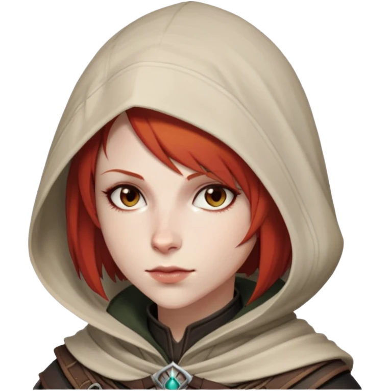 Leliana from Dragon Age with short red hair and hood emoji