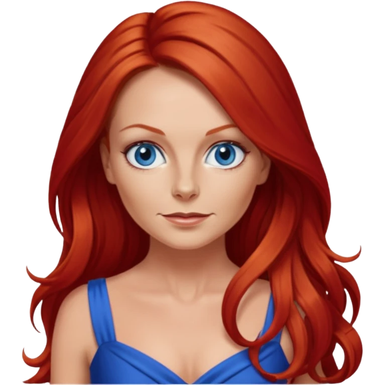 Geri Halliwel with long red hair, blue eyes, red outfit emoji