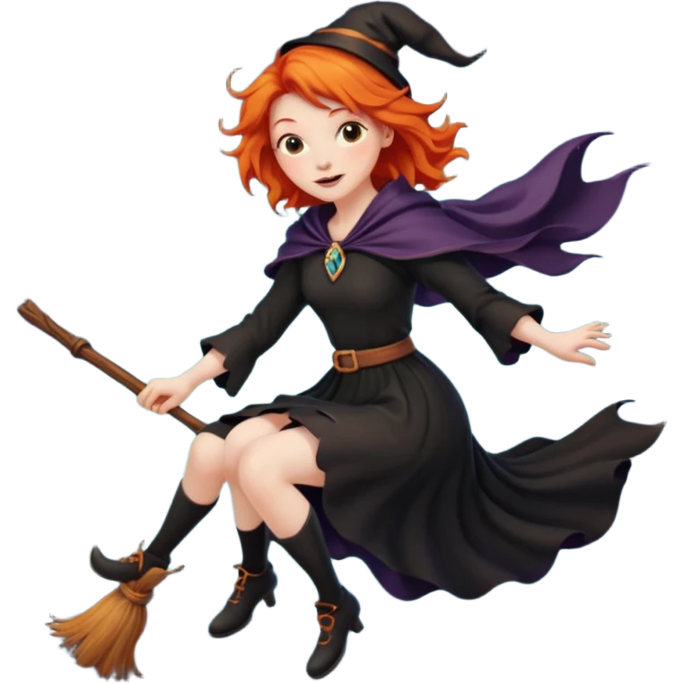 ginger witch flying on a broomstick, orange hair flowing, crescent moon background emoji