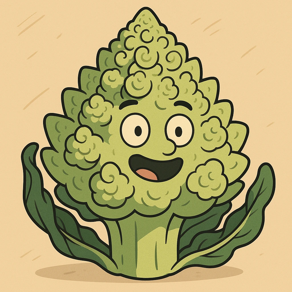 a cartoon Romanesco broccoli with a happy face emoji