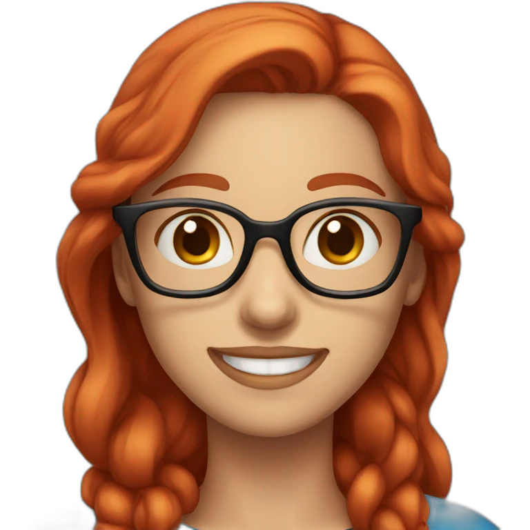 female with long red hair and glasses smiling with blue eyes and red shirt emoji