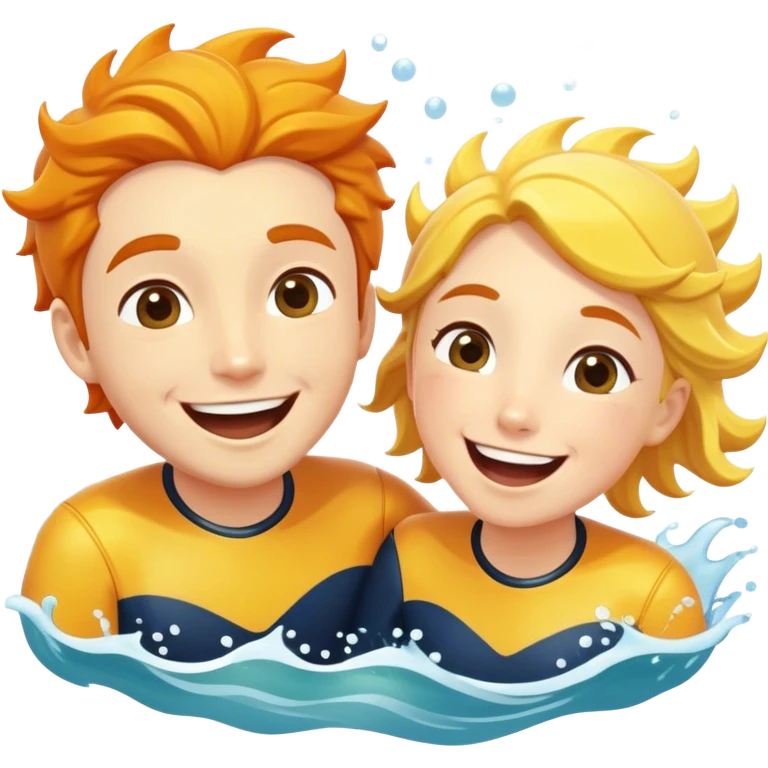 Two friends, as sea explorers, splash each other in the ocean, laughing as their eyes lock in pure joy and appreciation. The sun glistens on the water, highlighting their deep connection and the simple happiness of the moment.  emoji
