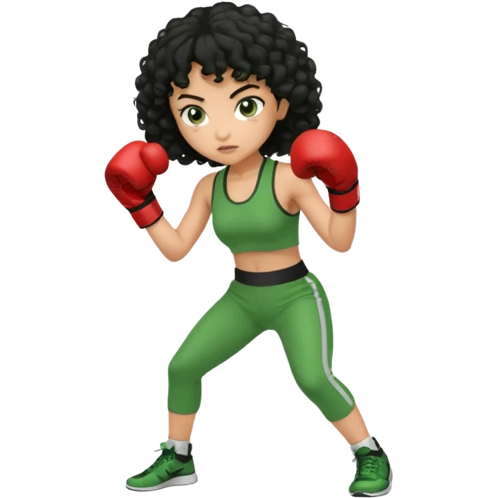 a girl with black curly hair and olive skin in a green workout outfit, boxing emoji
