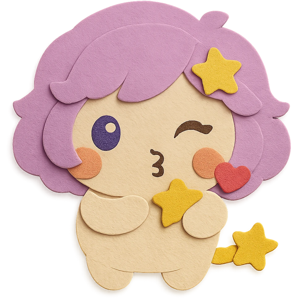 Change the facial expression to blowing a kiss with a winking eye. Keep all other facial features, colors, and hairstyle exactly the same, including the yellow star in the hair and no moon. Maintain the same hairstyle, color features, and full body. Use paper craft style with clean lines and transparent background. Only change the facial expression and action to blowing a kiss with a wink. emoji