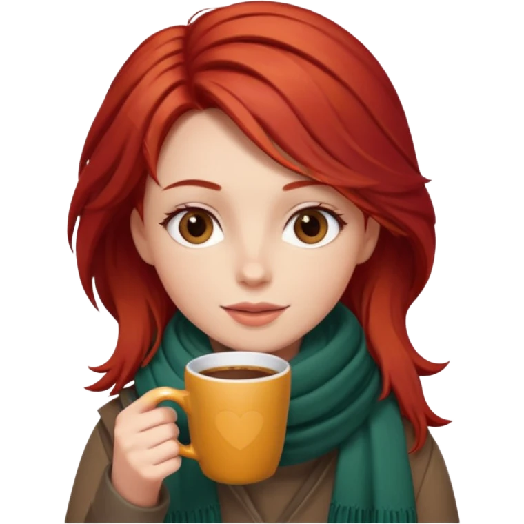 a girl drink with red layer hair, having scarf, drink coffee, enjoy emoji