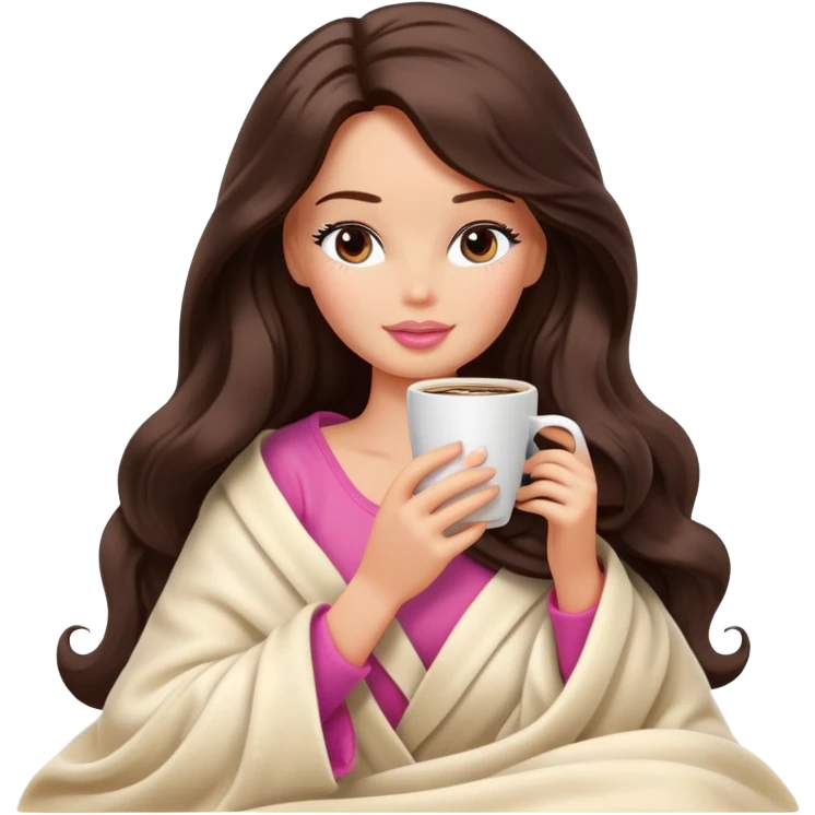 Barbie girl with a long wavy dark brown hair inside a cream blanket sipping coffee eyes closed emoji