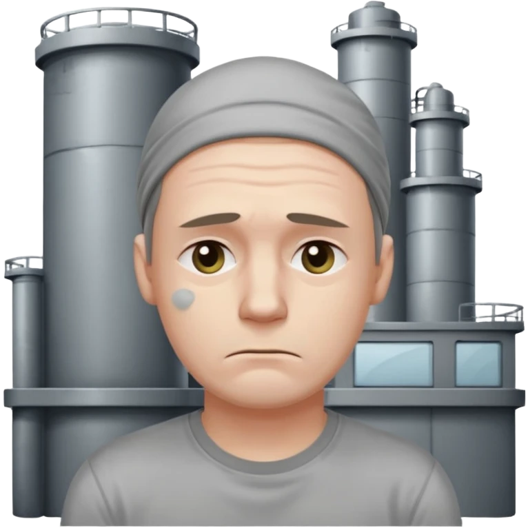 tired sad man with sweat on forehead, factory behind emoji