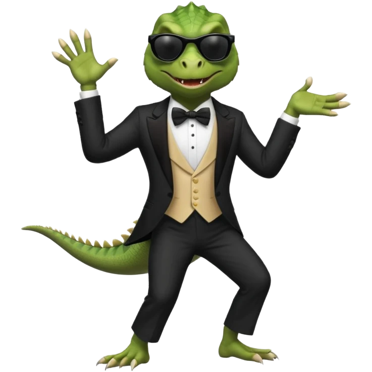 capitalist iguana banker in tuxedo and black sunglasses dancing emoji