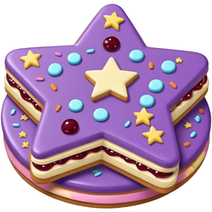 a pastel purple sandwich cookie with soft crumbly texture, a star-shaped jam cutout in the center showing glossy dark berry filling, and creamy filling with colorful sprinkles.  emoji