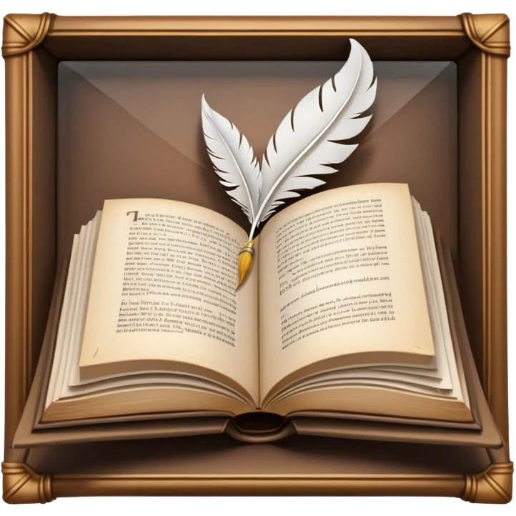 Icon for Reading Fiction: an open book with pages fluttering, surrounded by a quill, an ink bottle, and a cozy reading nook. The icon should represent the immersive world of literature and storytelling. Transparent background. emoji