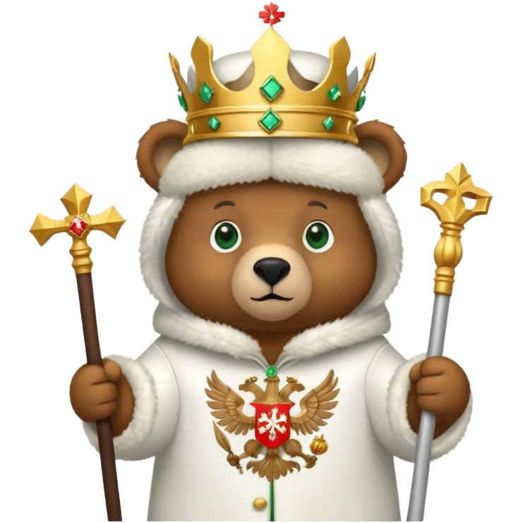 Adorable brown bear with green eyes, white ushanka hat featuring very clear and accurate Russian Federation double-headed eagle coat of arms with crowns and scepter, iOS emoji style emoji
