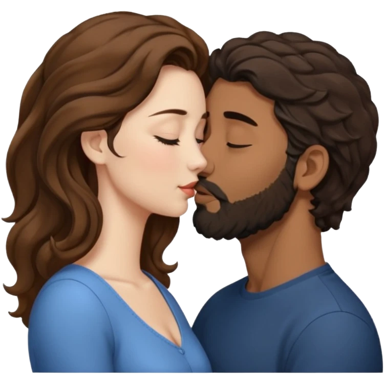 The woman is kissing the forehead of the man, side profile, White woman (brown hair with eyes closed) and brown man with black wavy hair (has a a beard with his eyes closed too). emoji