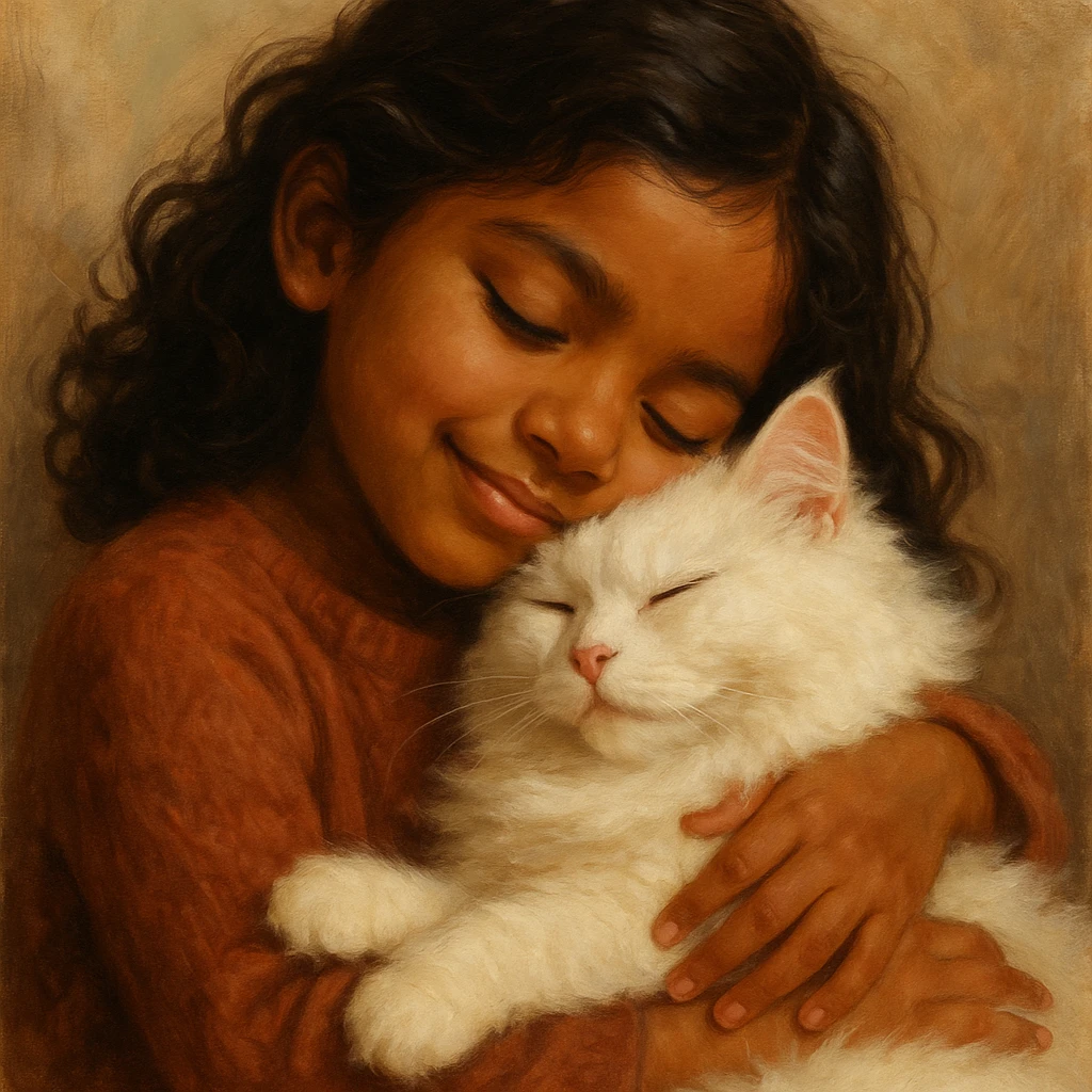 brown girl snuggling fluffy white cat, style 1 emoji