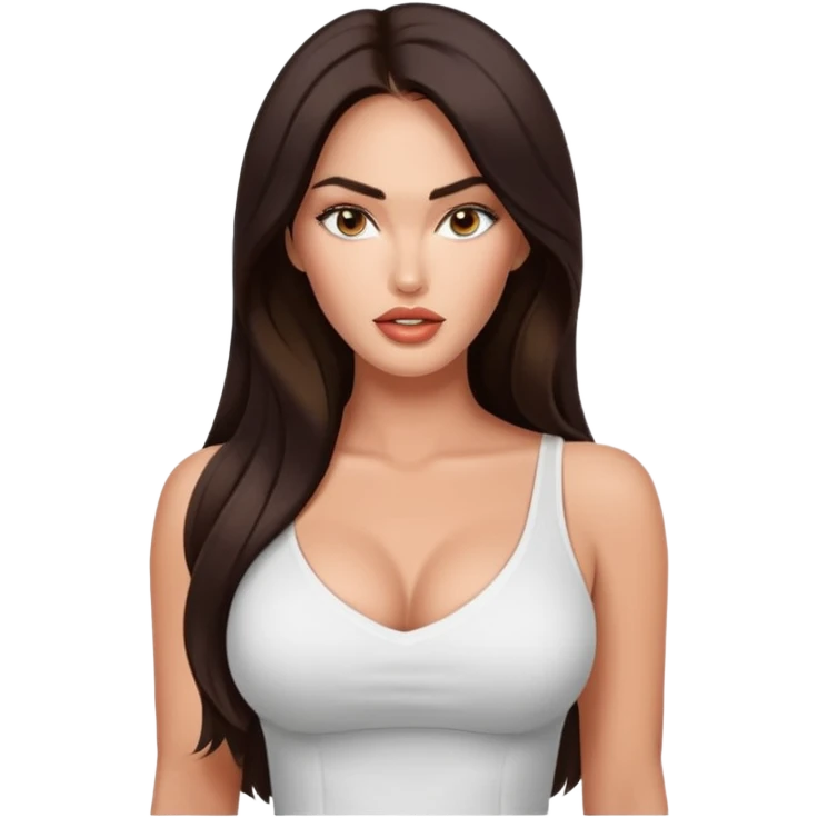 Megan Fox inspired fashion model, beautiful adult woman with large breasts, monolid narrow eyes, tan skin, full lips, long hair, wearing a white top emoji