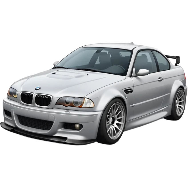 
A BMW M3 E46 is drifting through a corner, with a slight wisp of smoke coming from the rear and the wheels positioned at an angle relative to the turn. emoji