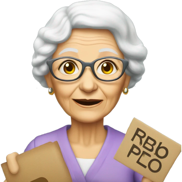 elderly woman holding a sign that says: PARABENS PELO BELO RP emoji
