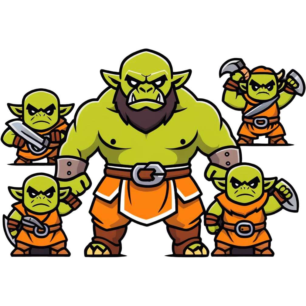 Lineage 2 fantasy characters with Orc warrior, Kamael fighter, Artea dancer, and Dwarven blacksmith emoji
