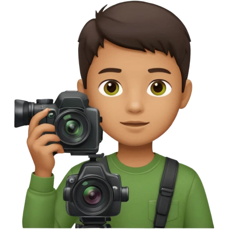 young boy cameraman hold a camera, green emoji