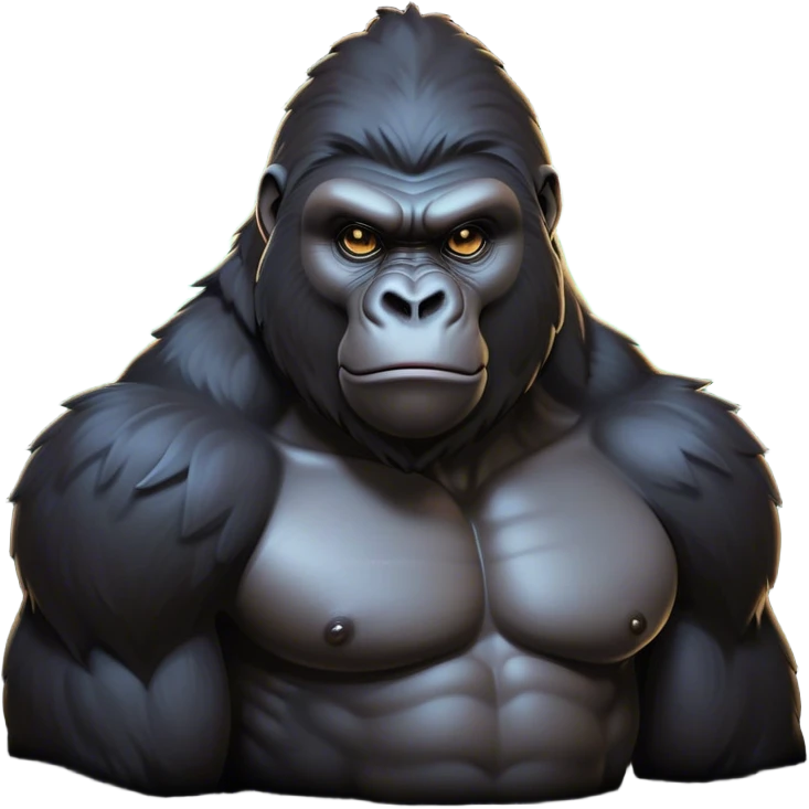Cinematic Noble Gorilla Portrait Emoji, Poised and commanding, with a massive, muscular build cloaked in dense, rich fur and deep, soulful eyes, Simplified yet sharp and sophisticated features, highly detailed, glowing with a soft, dignified jungle glow, high shine, intelligent and formidable, stylized with an air of primate majesty, focused and authoritative, soft glowing outline, capturing the essence of a watchful guardian that feels as though it could step out of the screen with effortless authority! emoji