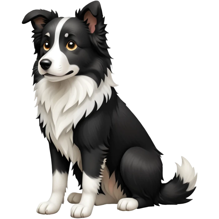 cinematic-[border collie dog]-realistic-full-body-sitting-emoji,-tail-resting-loosely-beside-its-paws,-head-tilted-dramatically,-scruffy-[black and white]-fur,-simplified-yet-realistic-focused-features,-highly-detailed,-glowing-with-an-almost-sarcastic-glow emoji
