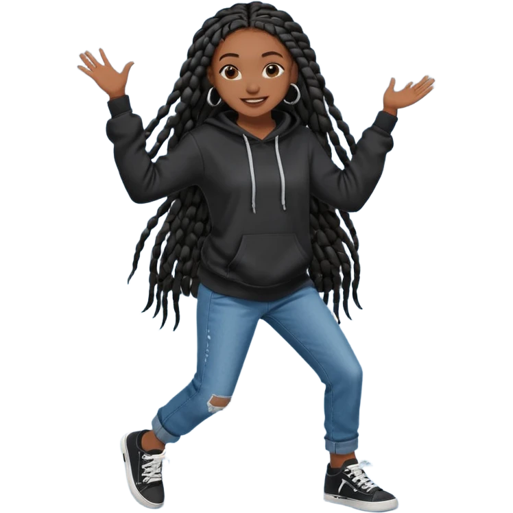 African American dark skin girl with long black box braids wearing a plain black hoodie wearing denim jeans and shoes dancing in music video emoji