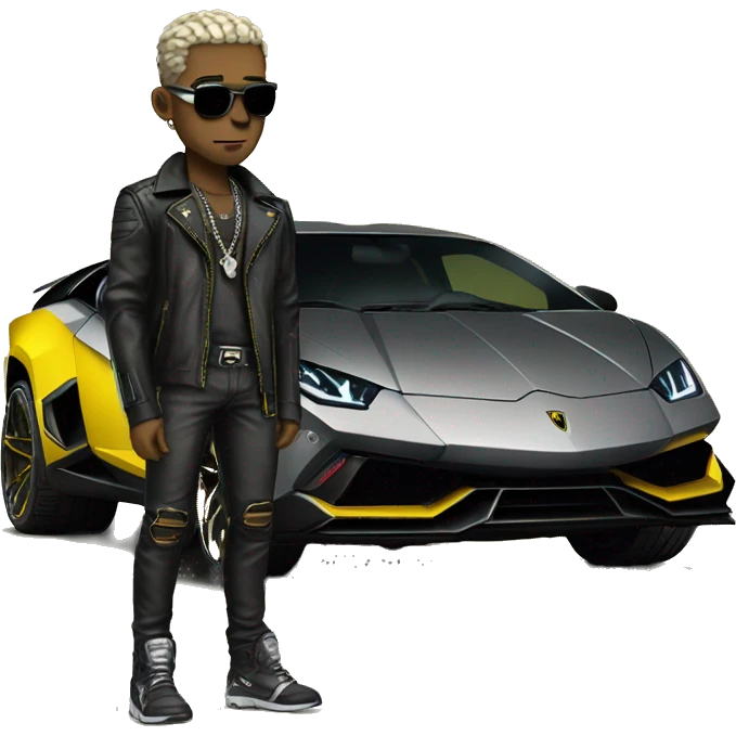 male cyber punk in front of Yellow Lamborghini  emoji