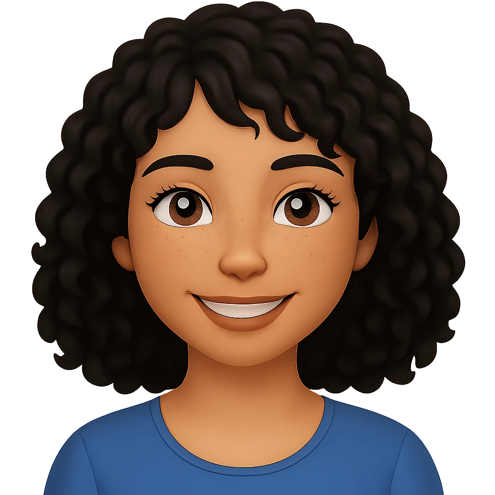 Make the hair wavy and black, with bangs more on the right side. Change the skin tone to almond. Keep the expression warm, friendly, and calm, with freckles and a glowing complexion. Preserve the transparent background. emoji