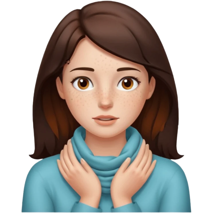 a brunette woman with two hands wrapped around her neck emoji