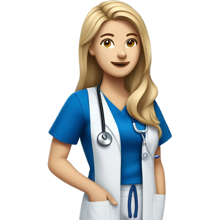 white female nursing school student with long dirty blonde hair in royal blue scrub top and royal blue scrub pants with a stethoscope around her neck emoji