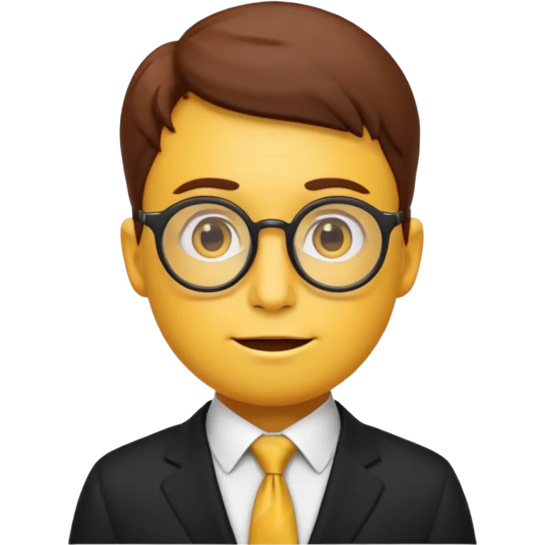 emoji character with the classic nerd emoji head (yellow round face, large brown glasses, buck teeth, freckles). The body is human-like, dressed in an elegant black suit with a tie, in a thoughtful and philosophical pose —  emoji