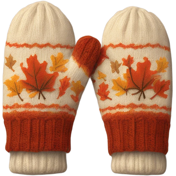 A pair of cozy knitted mittens with fall design emoji